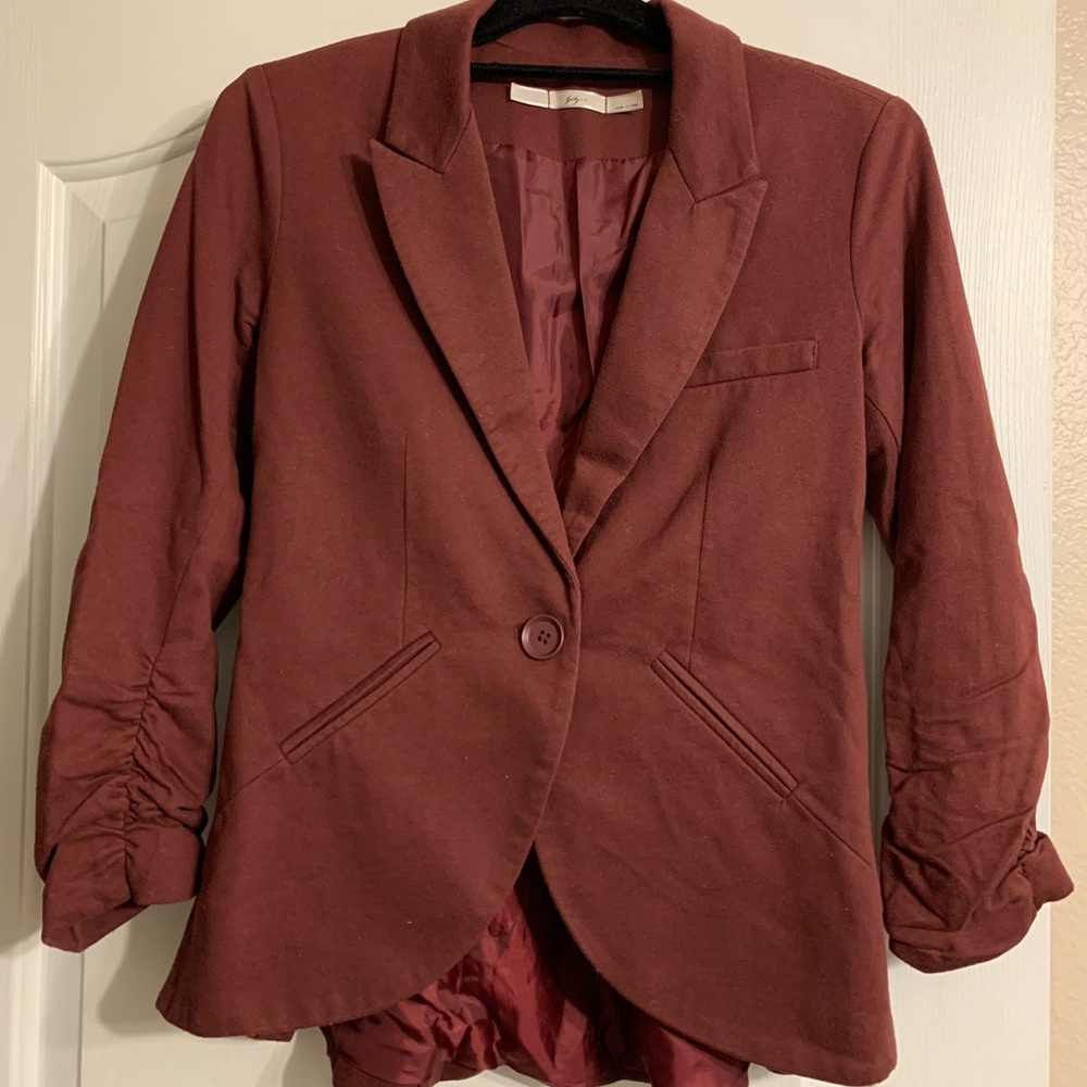 Burgundy Ruched Sleeve Peplum Blazer